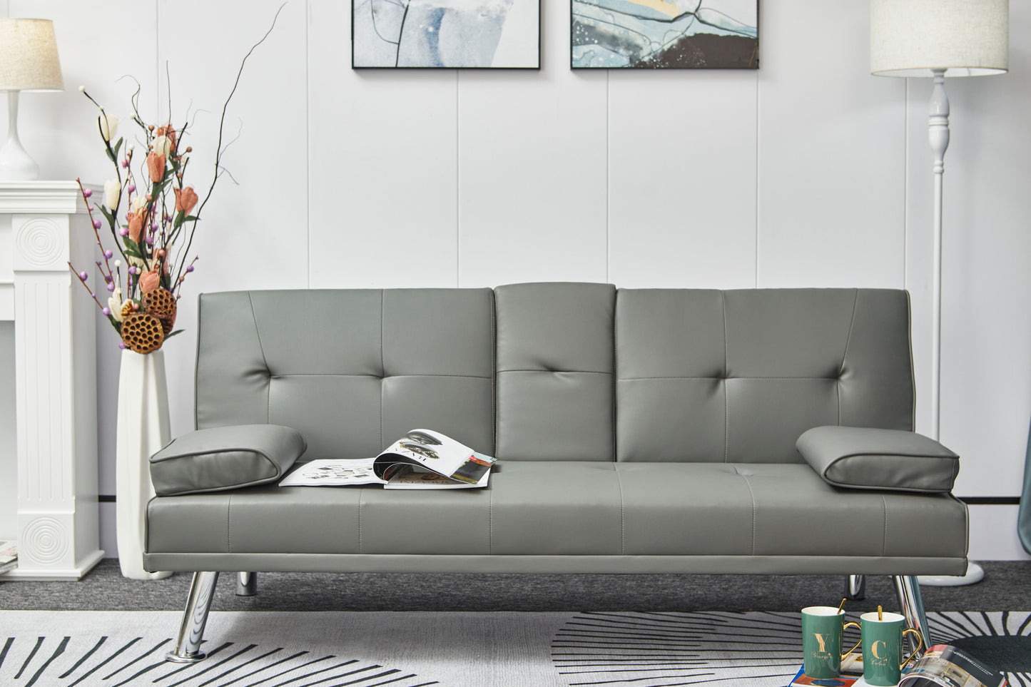 [New+Video] Grey Leather Multifunctional Double Folding Sofa Bed for Office with Coffee Table