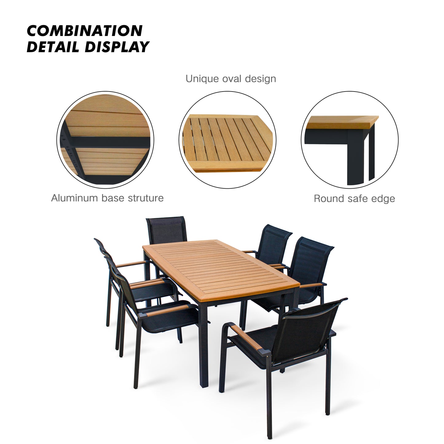 Otis Outdoor Dining Set, Luxury Faux Wood Tabletop & Arm-rest Commercial Grade Powder-Coasted Aluminum Base, 7 Pieces Outdoor Dining Set