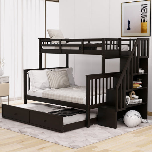 Stairway Twin-Over-Full Bunk Bed with Twin size Trundle, Storage and Guard Rail for Bedroom, Dorm, for  Adults, Espresso (OLD SKU :LP000119AAP)