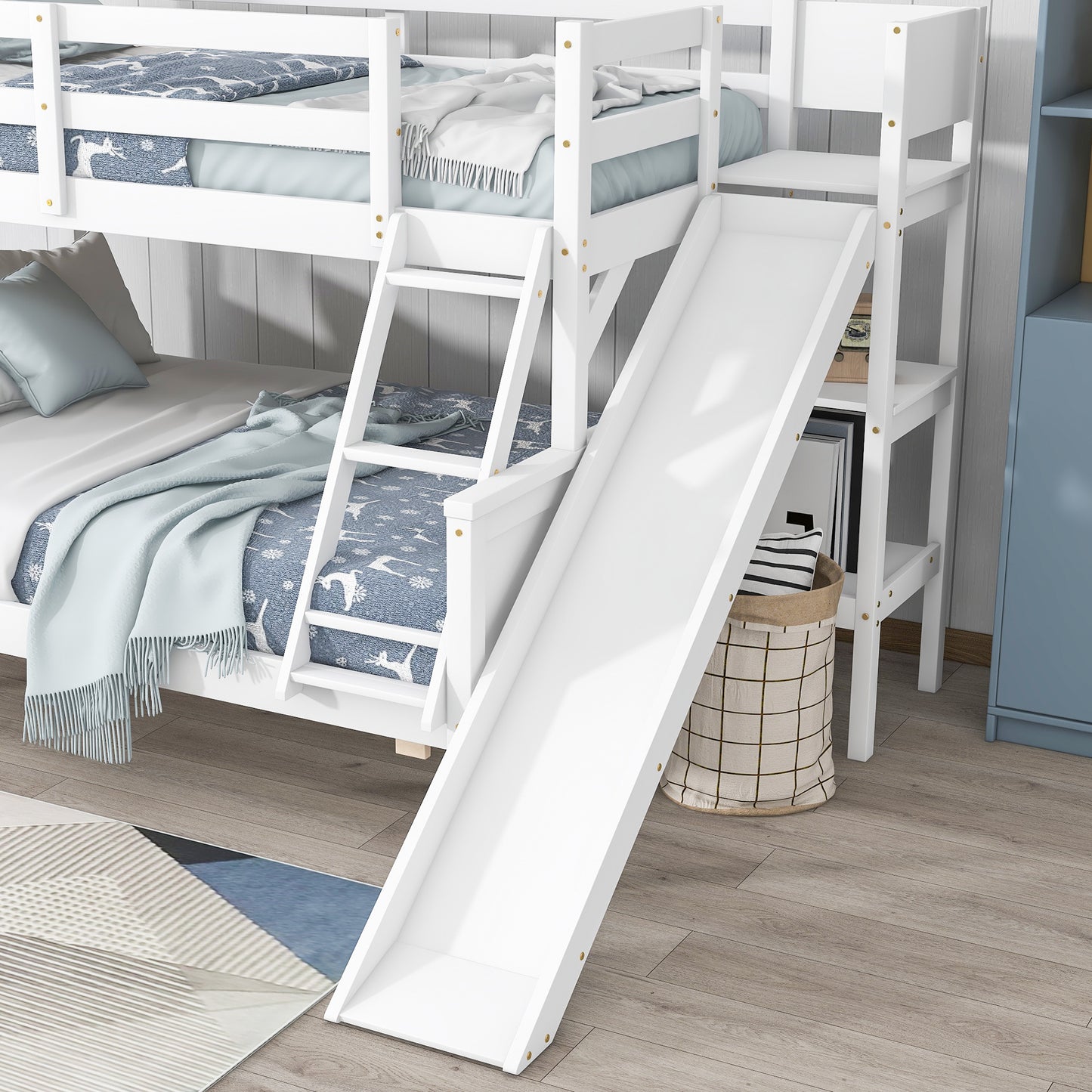 Twin over Full Bunk Bed with 2 Drawers,Slide,Shelves White