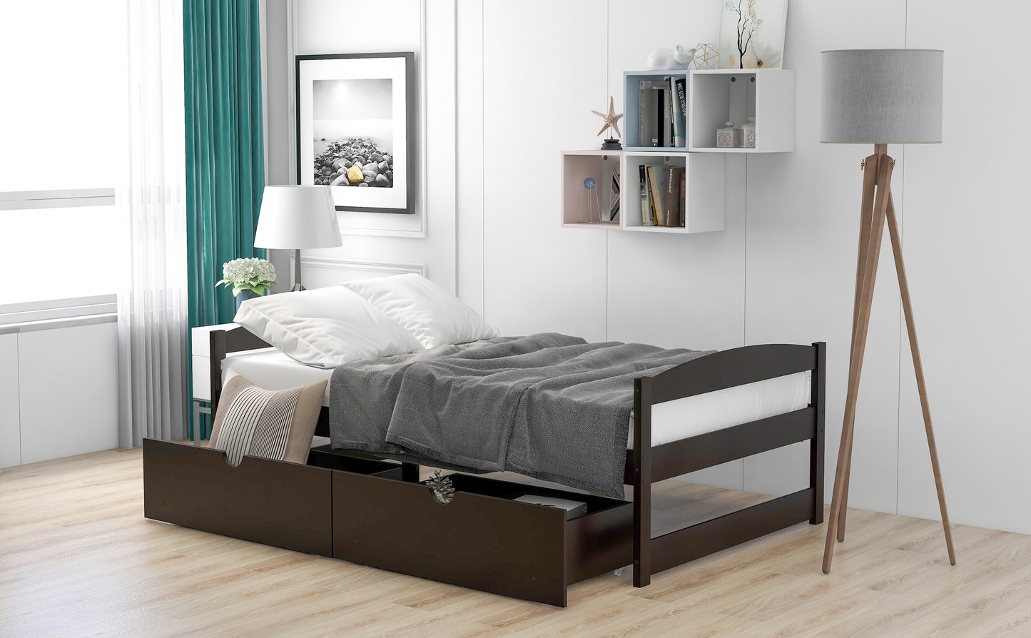 Twin size platform bed, with two drawers, espresso（New）