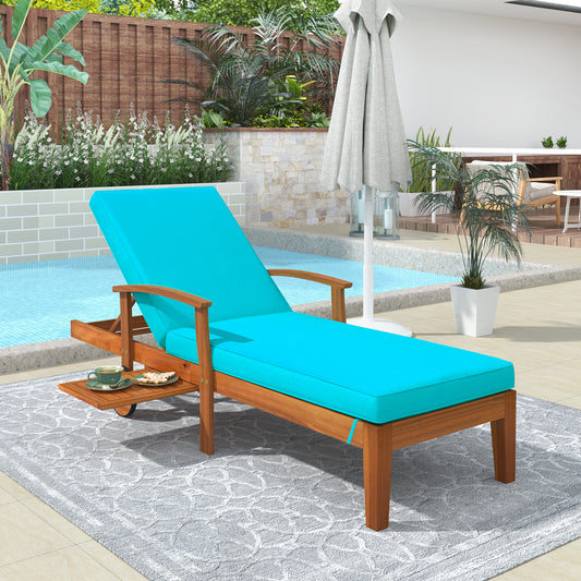 TOPMAX Outdoor Solid Wood 78.8" Chaise Lounge Patio Reclining Daybed with Cushion, Wheels and Sliding Cup Table for Backyard, Garden, Poolside,Brown Wood Finish+Blue Cushion