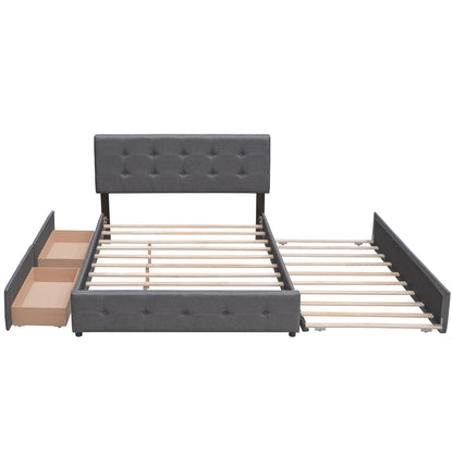 Upholstered Platform Bed with 2 Drawers and 1 Twin XL Trundle,  Linen Fabric, Queen Size - Dark Gray(OLD SKU :LP000314AAE)