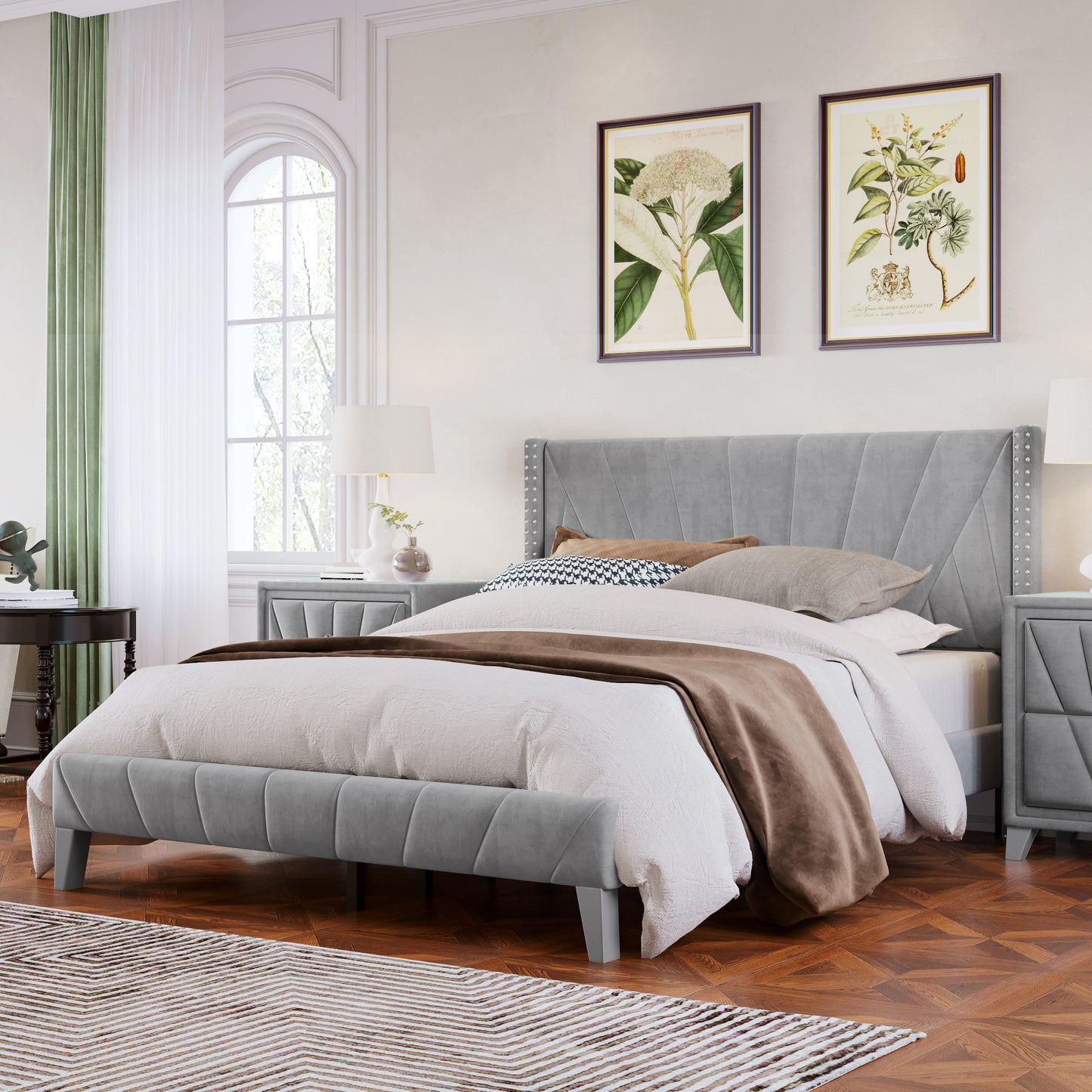 Contemporary Velvet Upholstered Bed Frame with Channel Tufting and Nailhead Trim, No Box Spring Needed, Queen, Gray