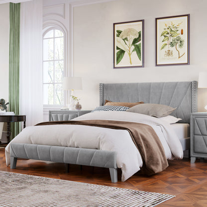 Contemporary Velvet Upholstered Bed Frame with Channel Tufting and Nailhead Trim, No Box Spring Needed, Queen, Gray