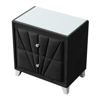 Contemporary Velvet Upholstered Glass Top Nightstand End table with Two Drawers Gray Solid Wood,Black