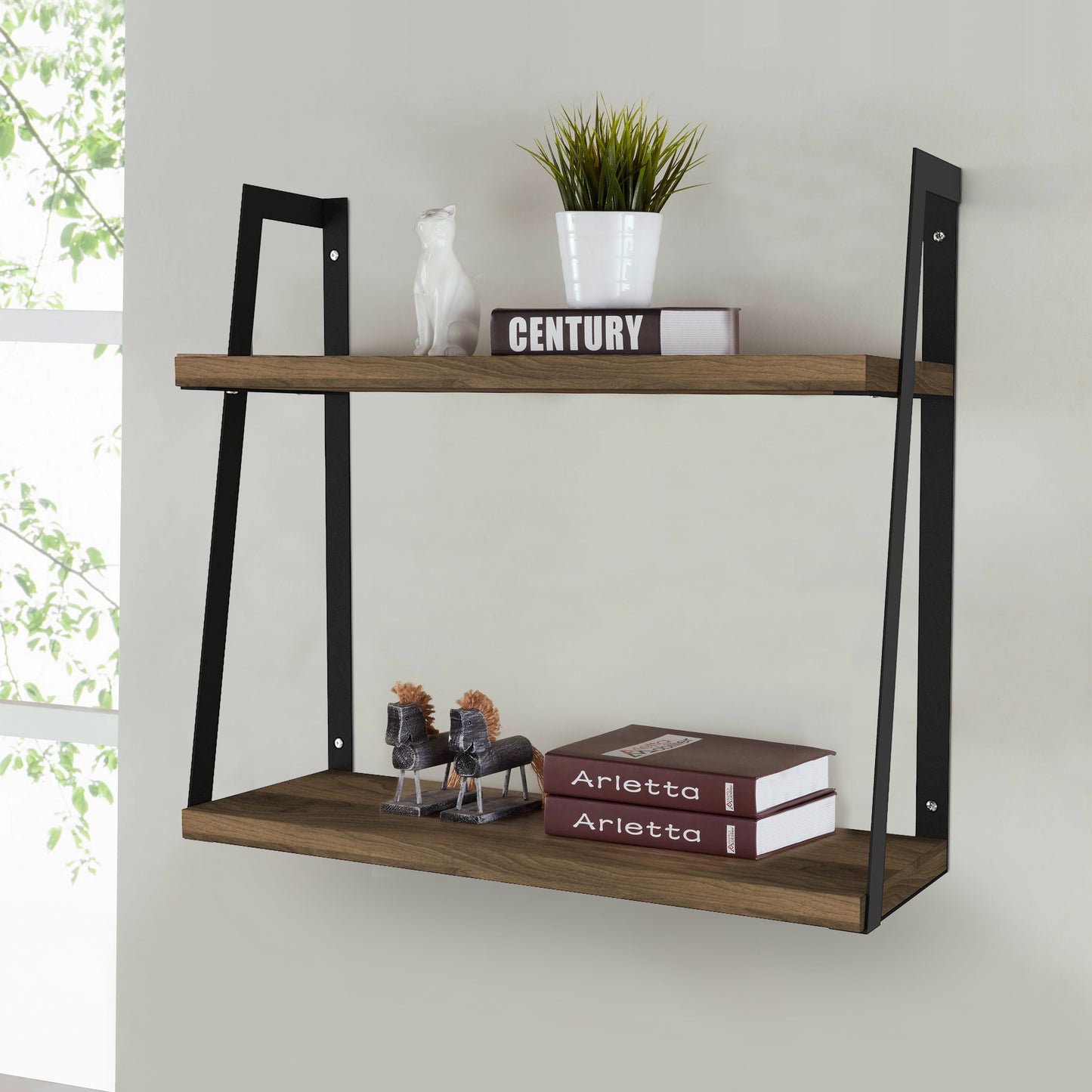 Joel 18 Inch Rectangular 2 Tier Wood Floating Wall Mount Shelf with Metal Frame, Brown and Black