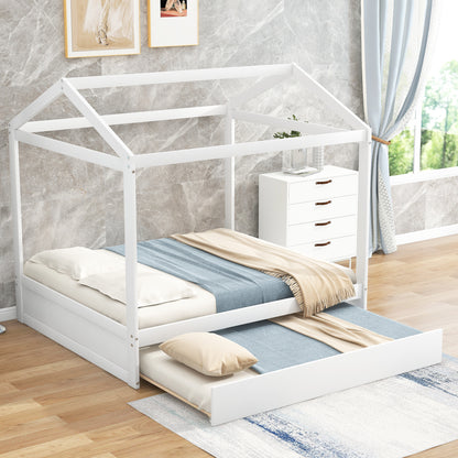 Full Size House Bed with Trundle,Support Legs,White