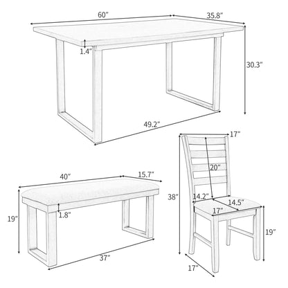 TREXM 6-Pieces Family Furniture, Solid Wood Dining Room Set with Rectangular Table & 4 Chairs with Bench(Gray)