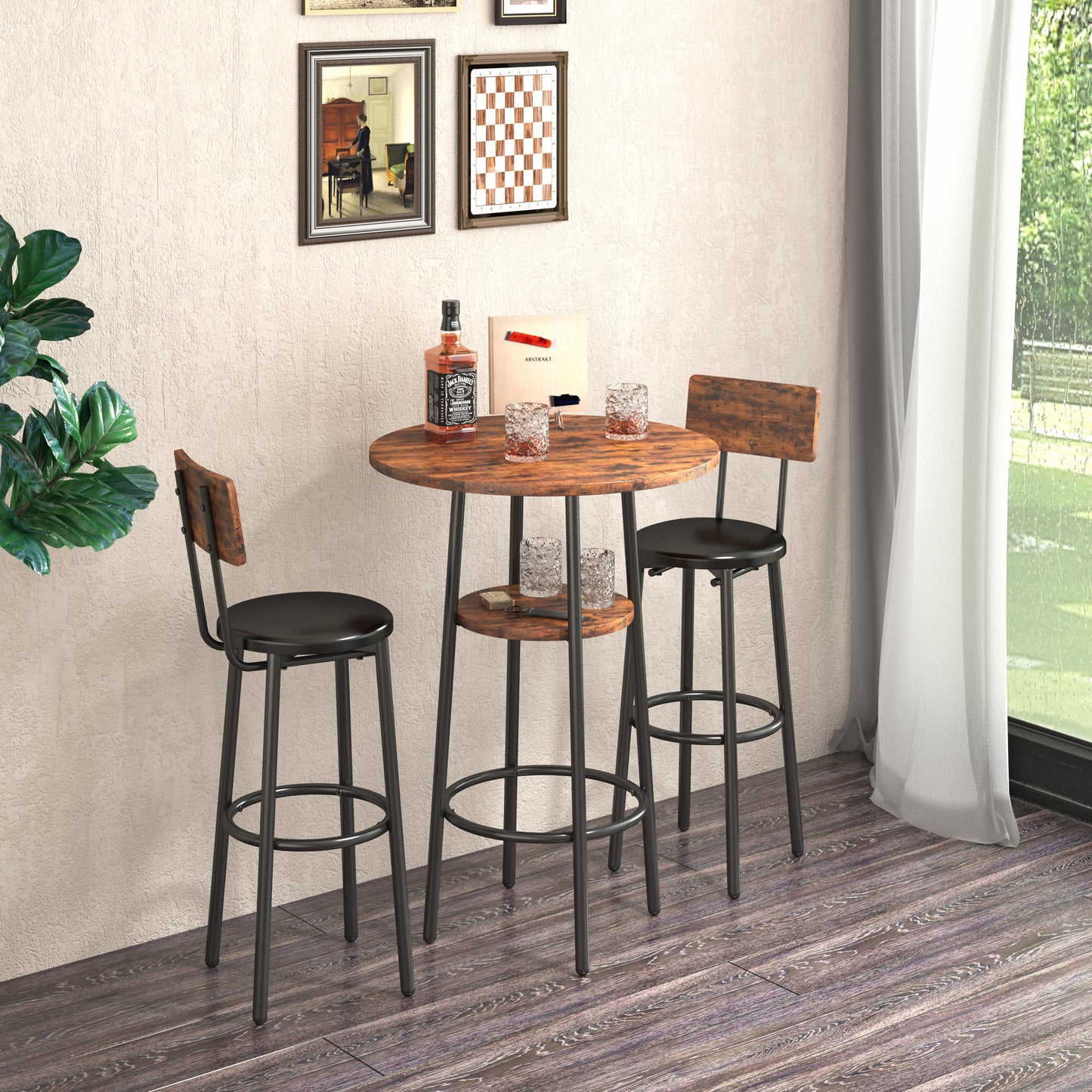 Double Layer Round Bar Table with 2 Bar Stools PU Soft Seat Back Breakfast table.(Rustic Brown,23.62’’w x 23.62’’d x 35.43’’h)