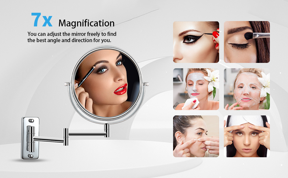 8-inch Wall Mounted Makeup Vanity Mirror, 1X / 7X Magnification Mirror, 360° Swivel with Extension Arm (Chrome Finish)