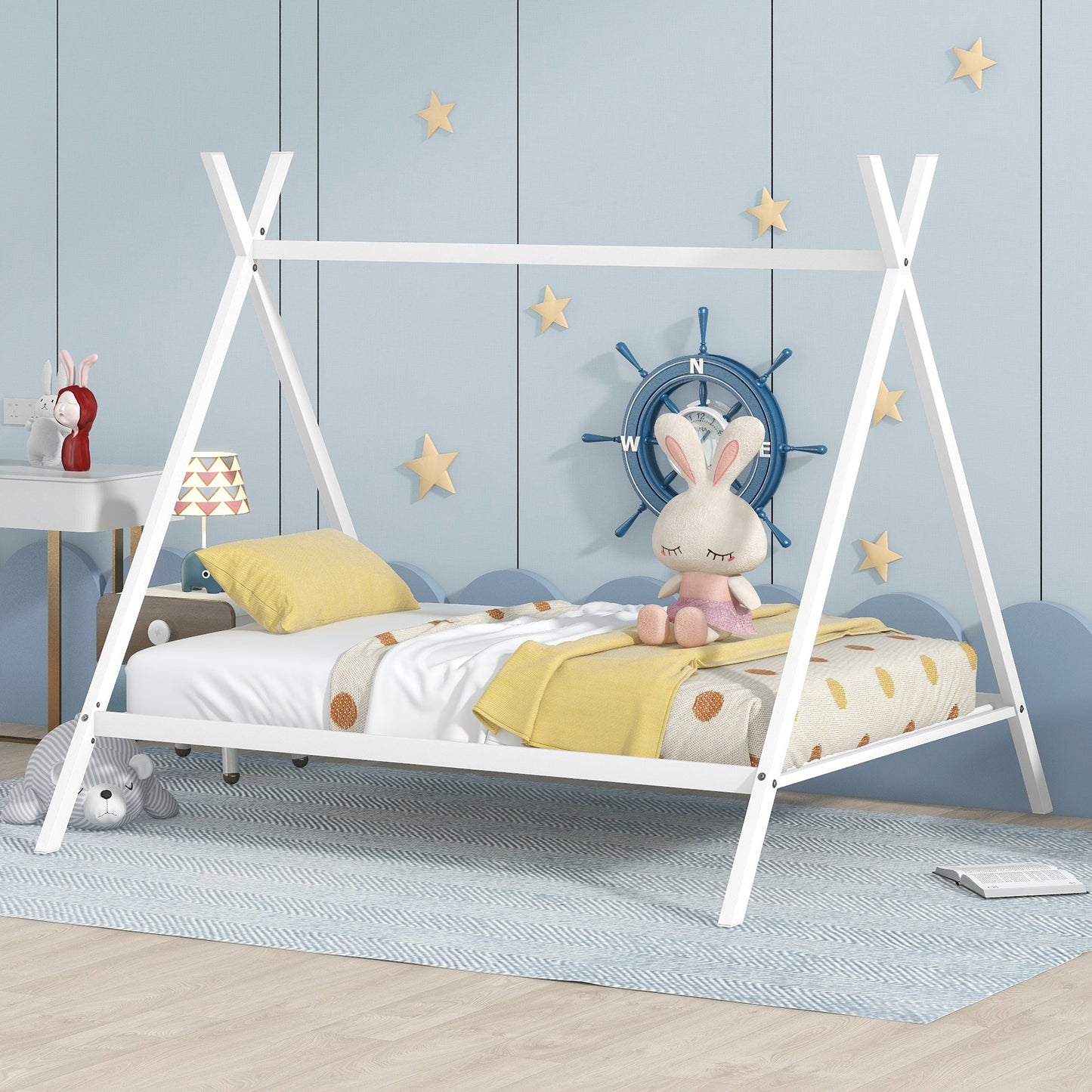 House Bed Tent Bed Frame Full Size Metal Floor Play House Bed with Slat for Kids Girls Boys , No Box Spring Needed White