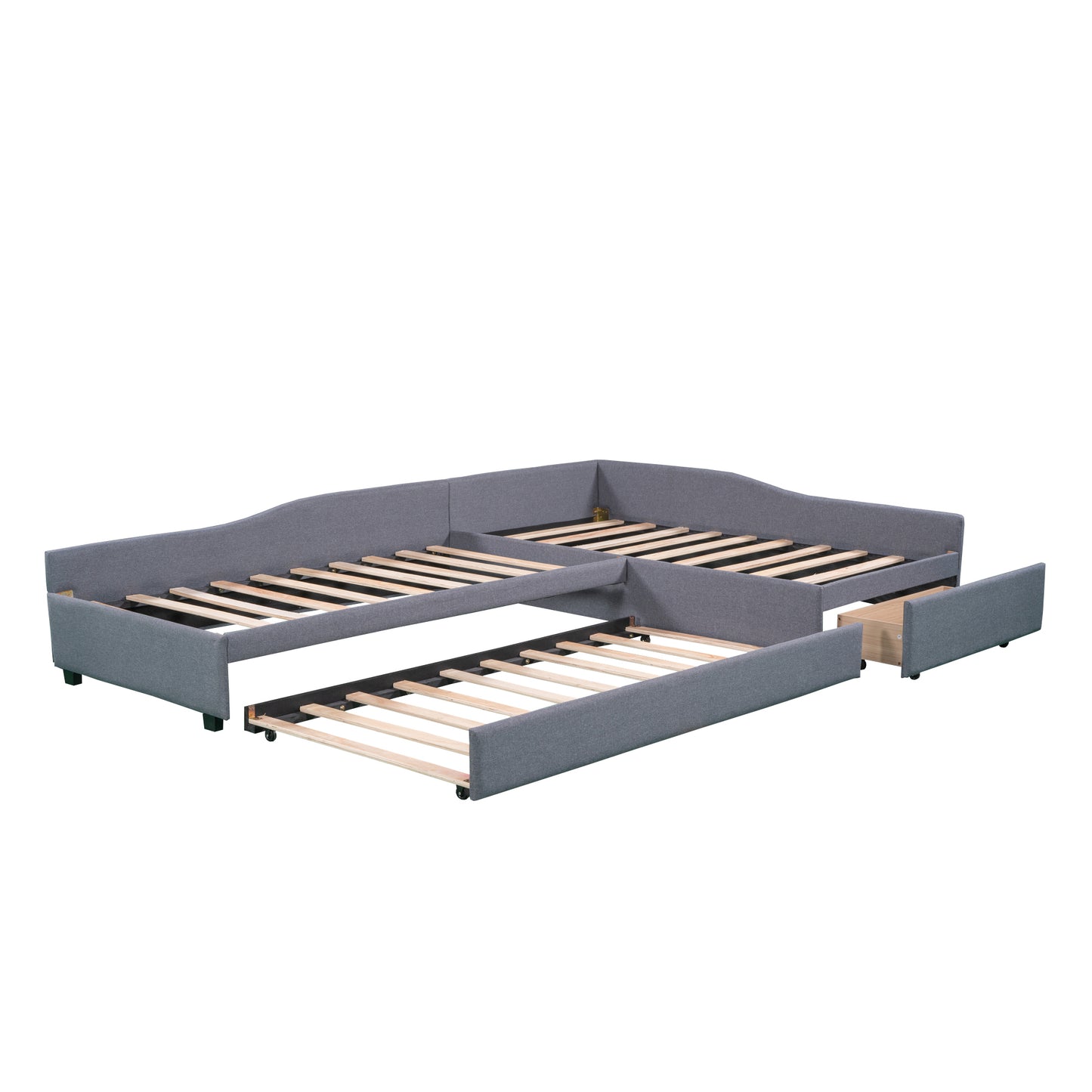 Upholstered Double Twin Size Daybed with Trundle and Drawer, Gray