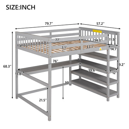 Full Size Loft Bed with Storage Shelves and Under-bed Desk, Gray(OLD SKU:SM000246AAE-1)