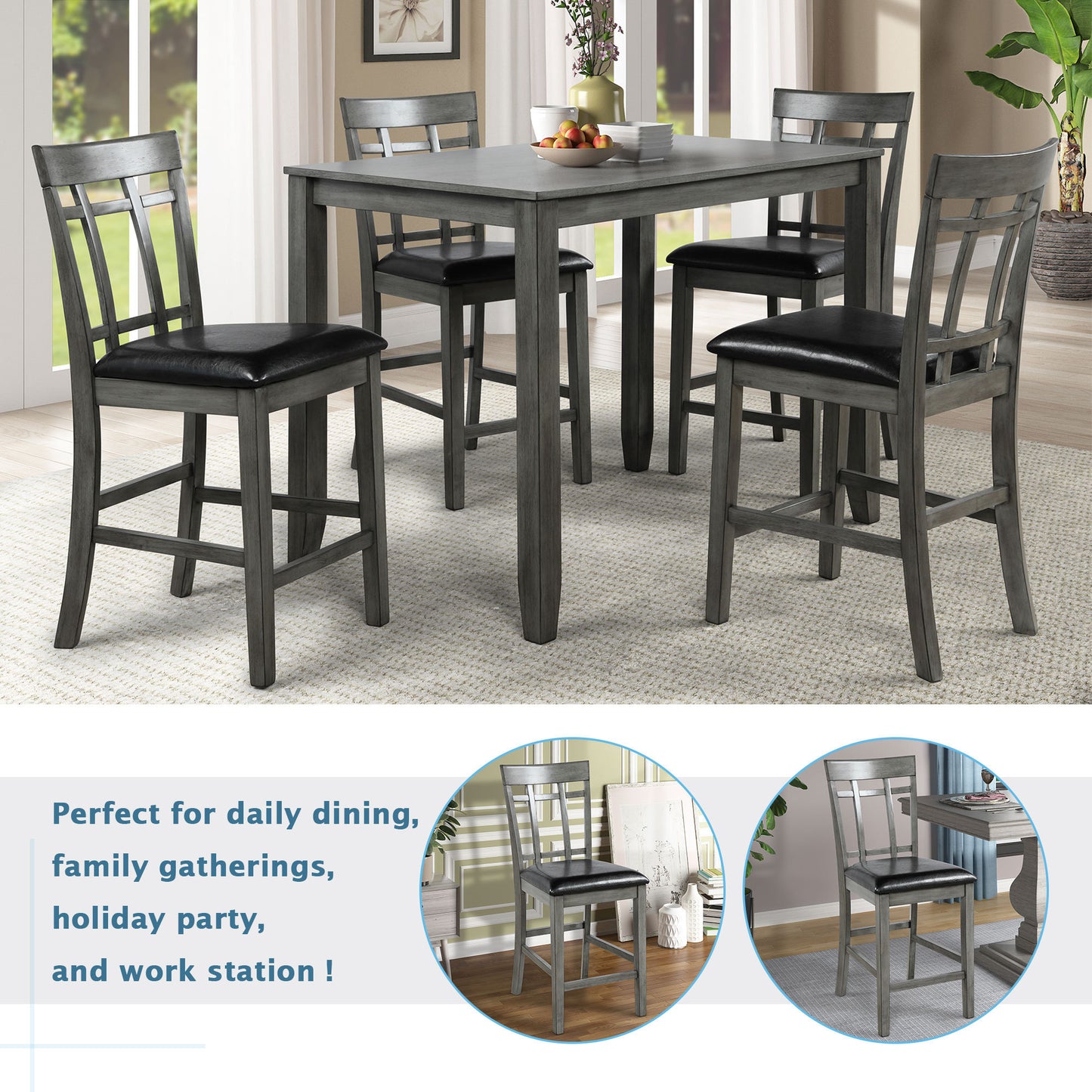 TOPMAX Brand 5 Piece Vintage Rectangular Counter Height Bar Table with 4 chairs, Wood Dining Table and Chair Set for Dining Room, Pub and Bistro (Antique Graywash)