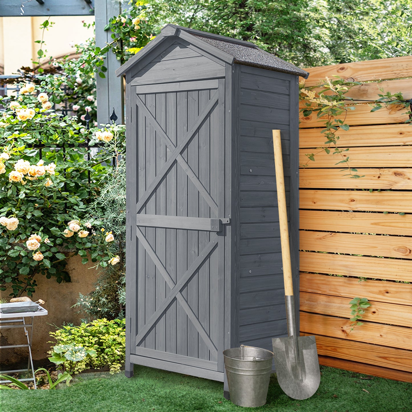 TOPMAX Outdoor Wooden Storage Sheds Fir Wood Lockers with Workstation,Gray