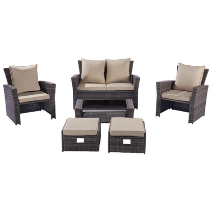 Outdoor 6pcs Rattan Furniture Set  Sofa And Table Set Grey+khaki