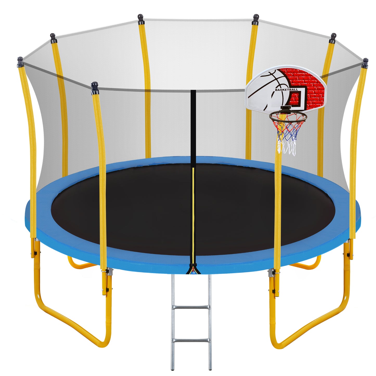 12FT Trampoline for Kids with Safety Enclosure Net, Basketball Hoop and Ladder, Easy Assembly Round Outdoor Recreational Trampoline