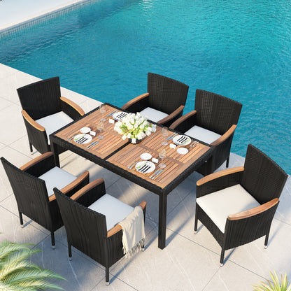 7-Piece Outdoor Patio Dining Set, Garden PE Rattan Wicker Dining Table and Chairs Set, Acacia Wood Tabletop, Stackable Armrest Chairs with Cushions (Brown)