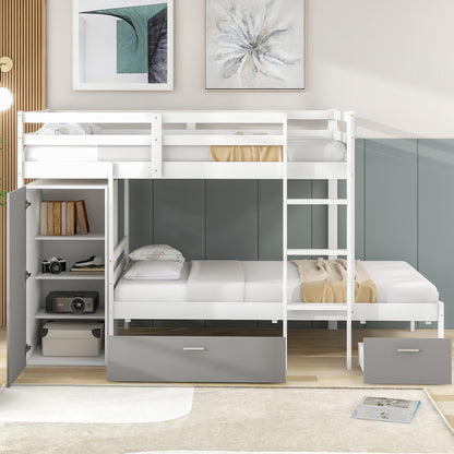 Twin over Twin Bunk Bed with Built-in Storage Wardrobe and Two Drawers, White