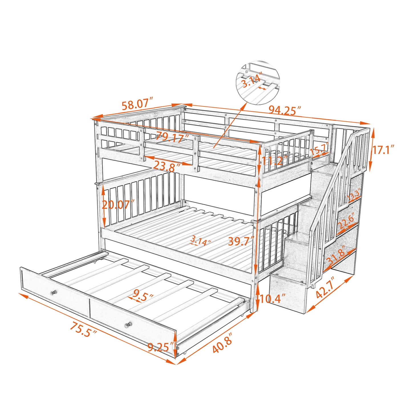 Stairway Full-Over-Full Bunk Bed with Twin size Trundle, Storage and Guard Rail for Bedroom, Dorm - White(OLD SKU :LP001210AAK)