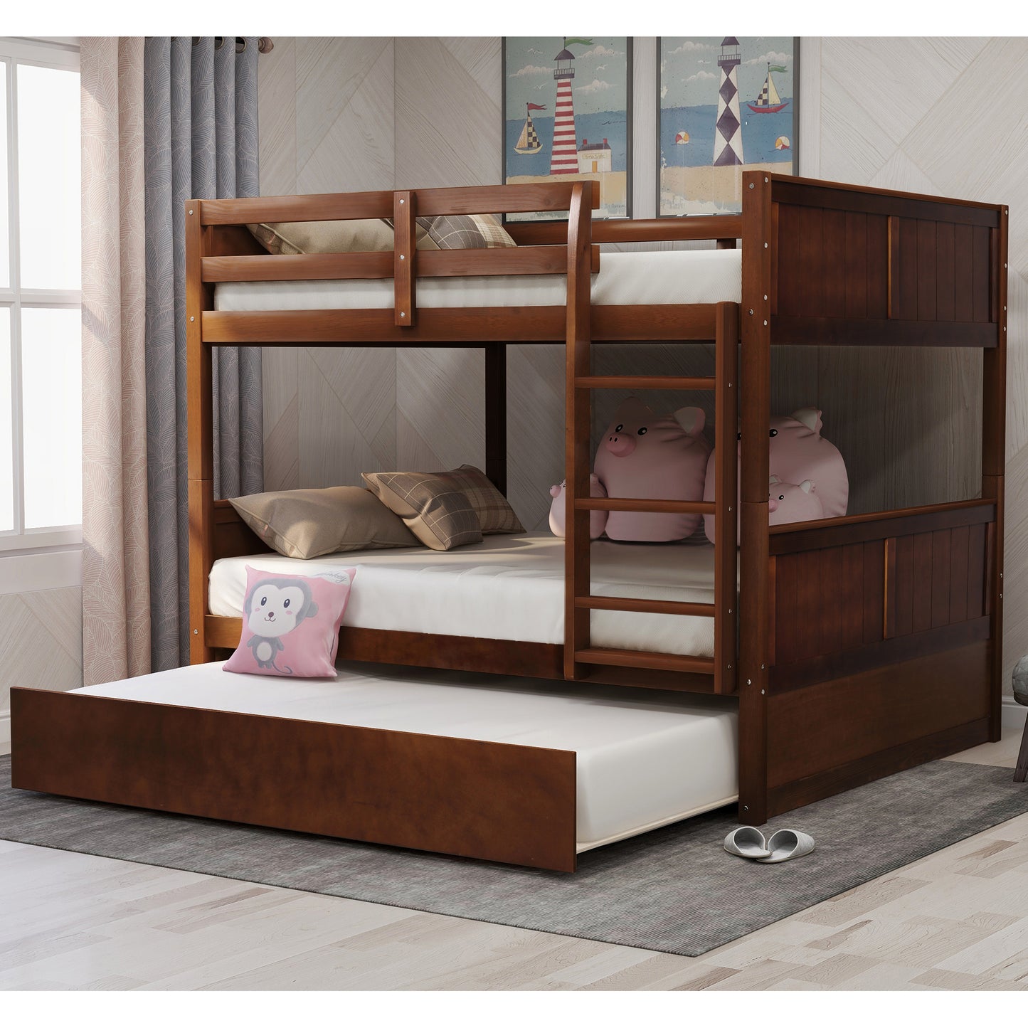 Full Over Full Bunk Bed with Twin Size Trundle, Walnut （ old sku: LP000250AAL)