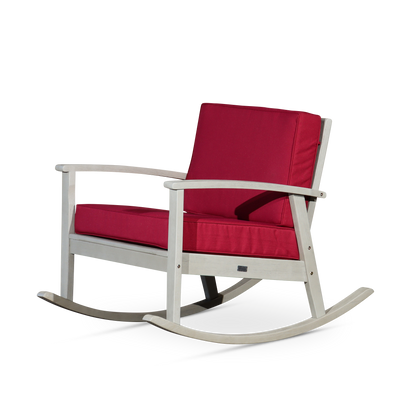 Eucalyptus Rocking Chair with Cushions, Driftwood Gray Finish, Burgundy Cushions