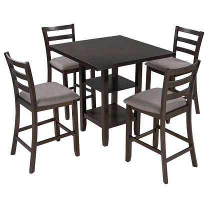 TREXM 5-Piece Wooden Counter Height Dining Set with Padded Chairs and Storage Shelving (Espresso)