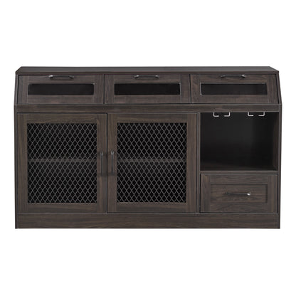 TREXM Kitchen Sideboard Multifunctional Buffet Cabinet with 4 Drawers, Mesh Metal Doors with Adjustable Shelves and Wineglass Holders (Espresso)