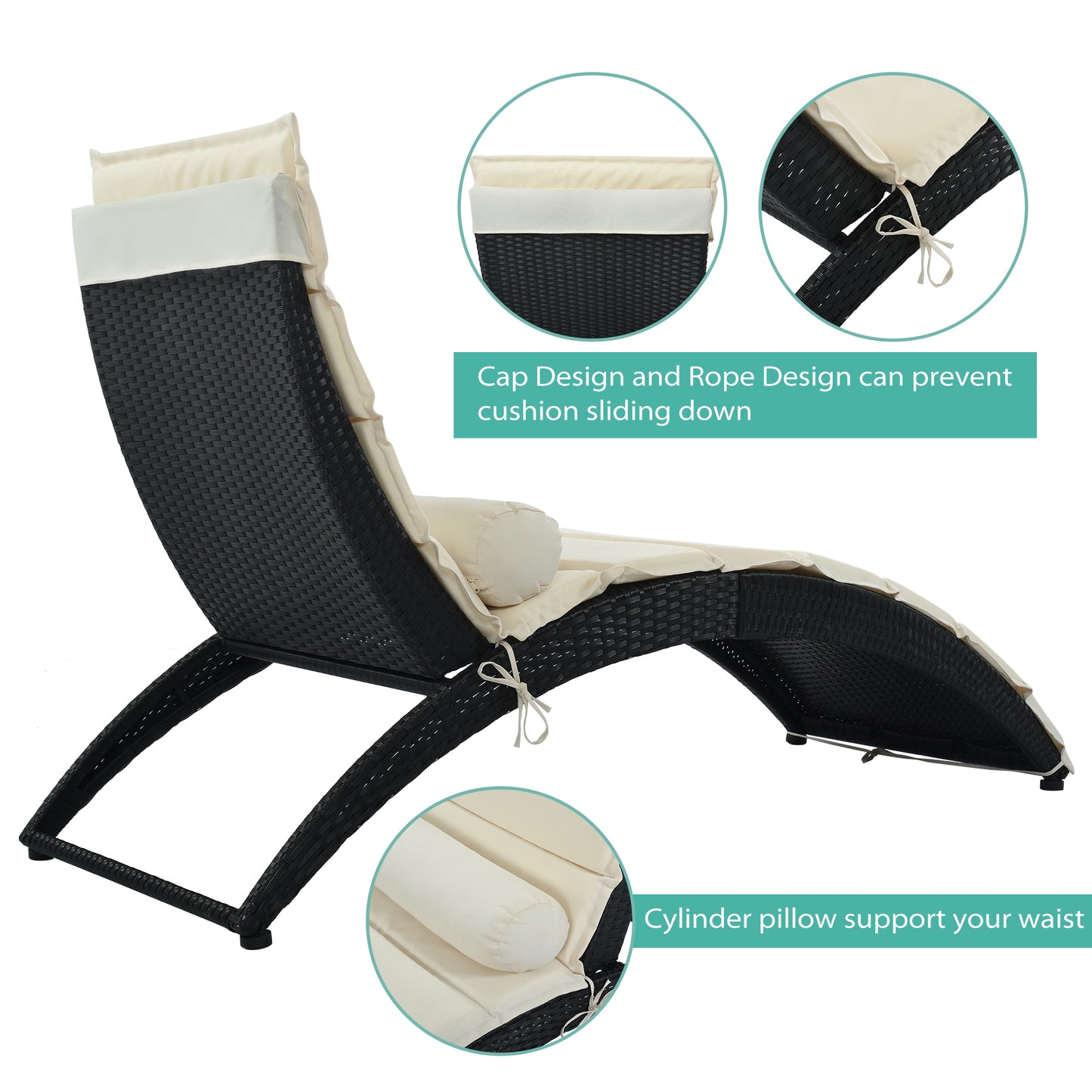 GO Patio Wicker Sun Lounger, PE Rattan Foldable Chaise Lounger with Removable Cushion and Bolster Pillow, Black Wicker and Beige Cushion