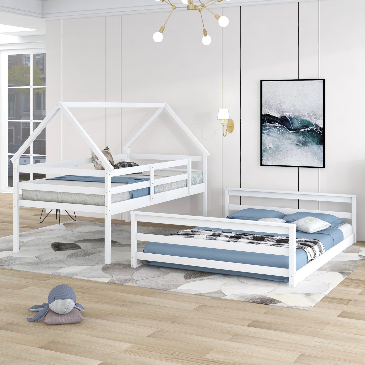 Twin over Full House Bunk Bed with Built-in Ladder,White