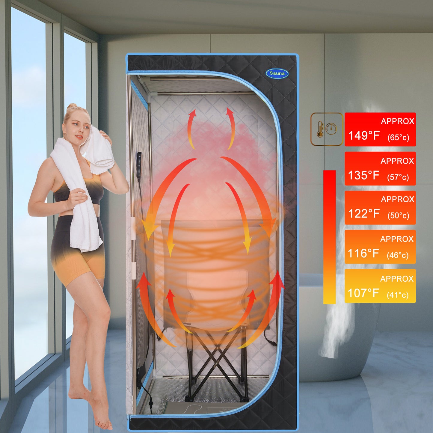 Portable Plus Type Full Size Far Infrared Sauna tent. Spa, Detox ,Therapy and Relaxation at home.Larger Space,Stainless Steel Pipes Connector Easy to Install.FCC Certification--Black(Blue binding)