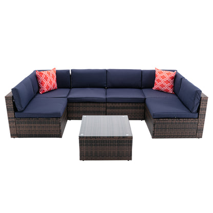 7Pcs Outdoor Garden Patio Furniture  PE Rattan Wicker  Sectional Cushioned Sofa Sets with 2 Pillows and Coffee Table