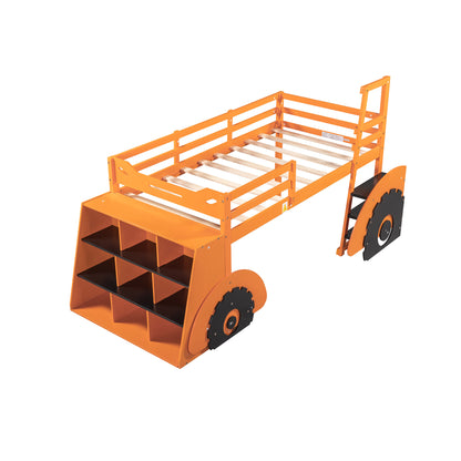 Twin Size Forklift Car-Shaped Loft Bed with Storage Shelves,Orange