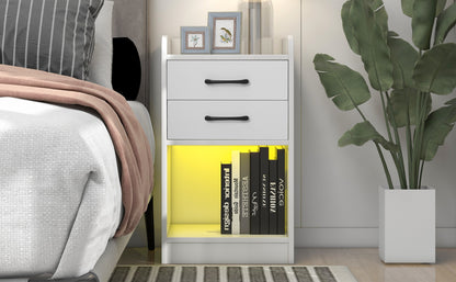 Nightstand with 2 Drawers and Cabinet,USB Charging Ports and Remote Control LED Light-White