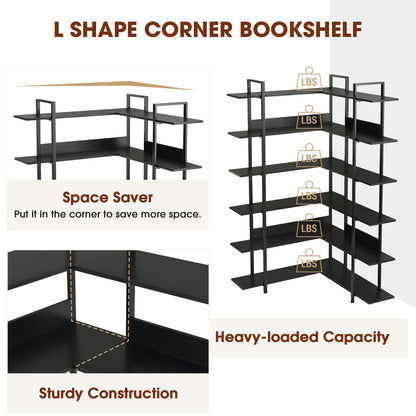 74.8 Inch Bookshelf L-shape MDF Boards Stainless Steel Frame Corner 6-tier Shelves Adjustable Foot Pads, Black