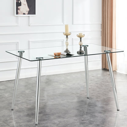 Modern Minimalist Rectangular Glass Dining Table for 4-6 with 0.31" Tempered Glass Tabletop and Silver Chrome Metal Legs, Writing Table Desk, for Kitchen Dining Living Room, 47" W x 29"D x 30" H