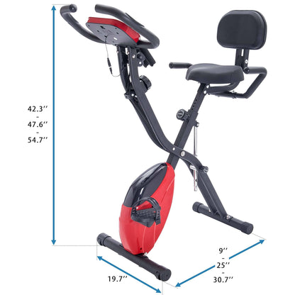 Folding Exercise Bike, Fitness Upright and Recumbent X-Bike with 10-Level Adjustable Resistance, Arm Bands and Backrest