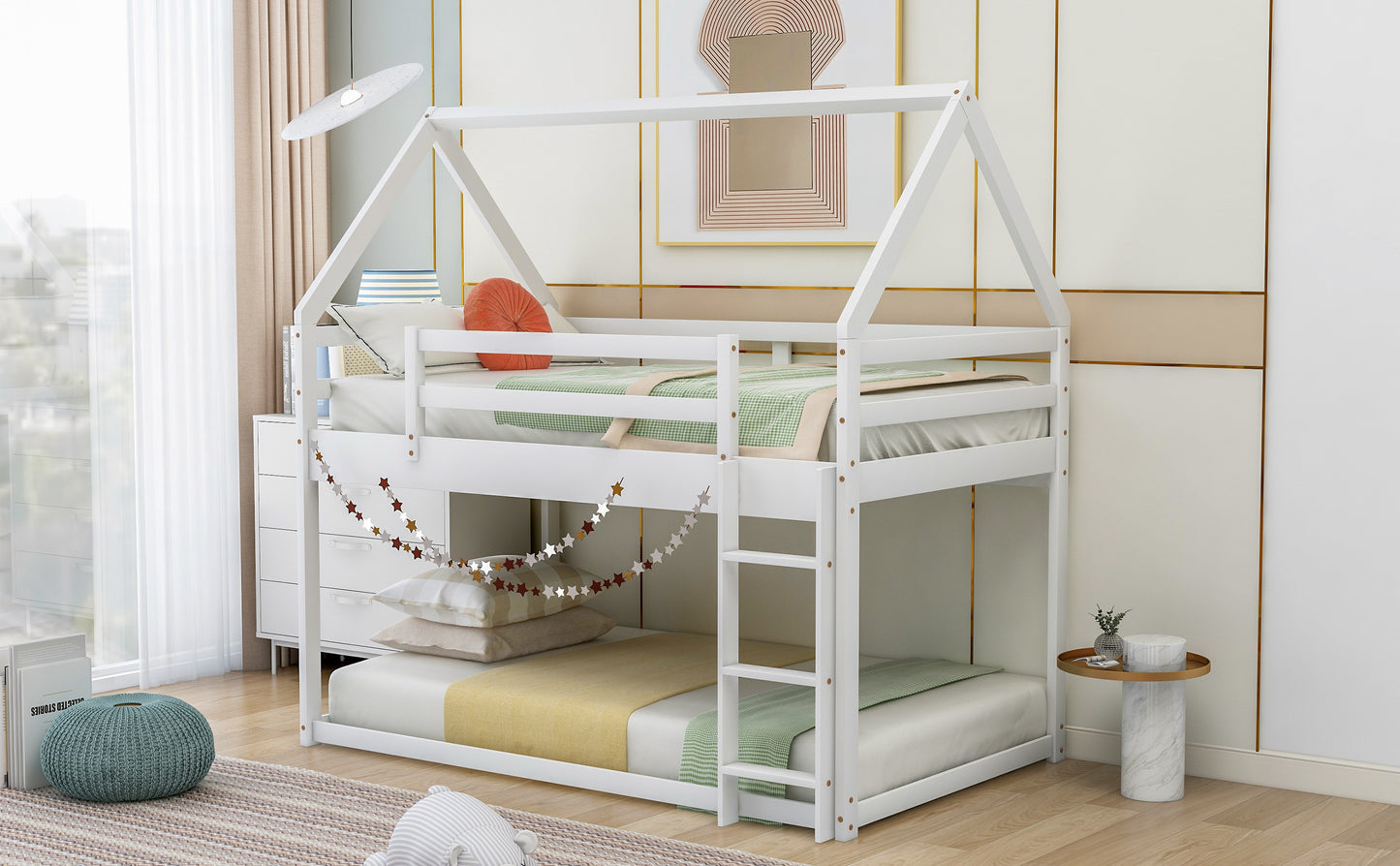 Twin over Twin Low Bunk Bed, House Bed with Ladder , White(OLD SKU:WF197808AAK)