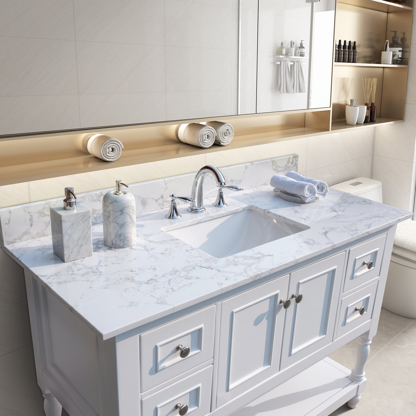 Montary 43‘’x22" bathroom stone vanity top  engineered stone carrara white marble color with rectangle undermount ceramic sink and  3 faucet hole with back splash .