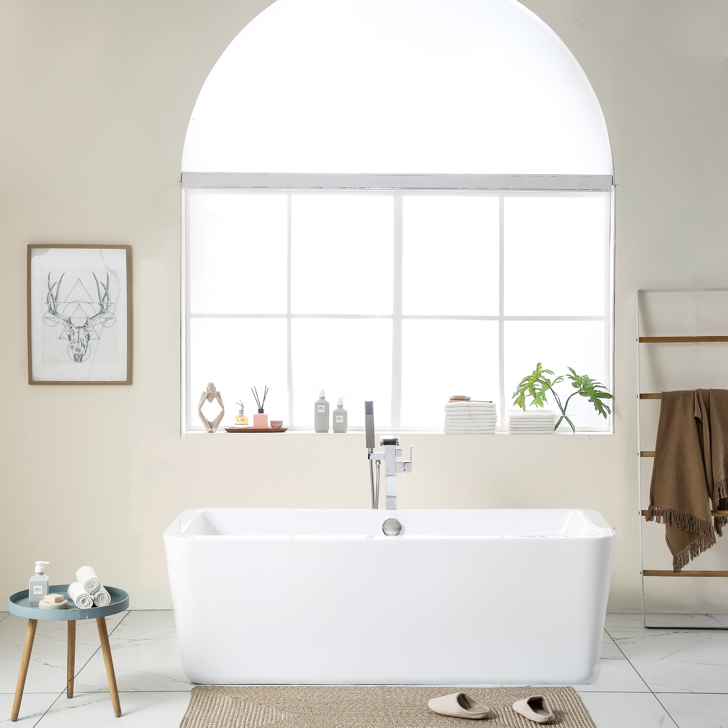 67" Acrylic Art Freestanding Alone White Soaking Bathtub with Brushed Nickel Overflow and Pop-up Drain