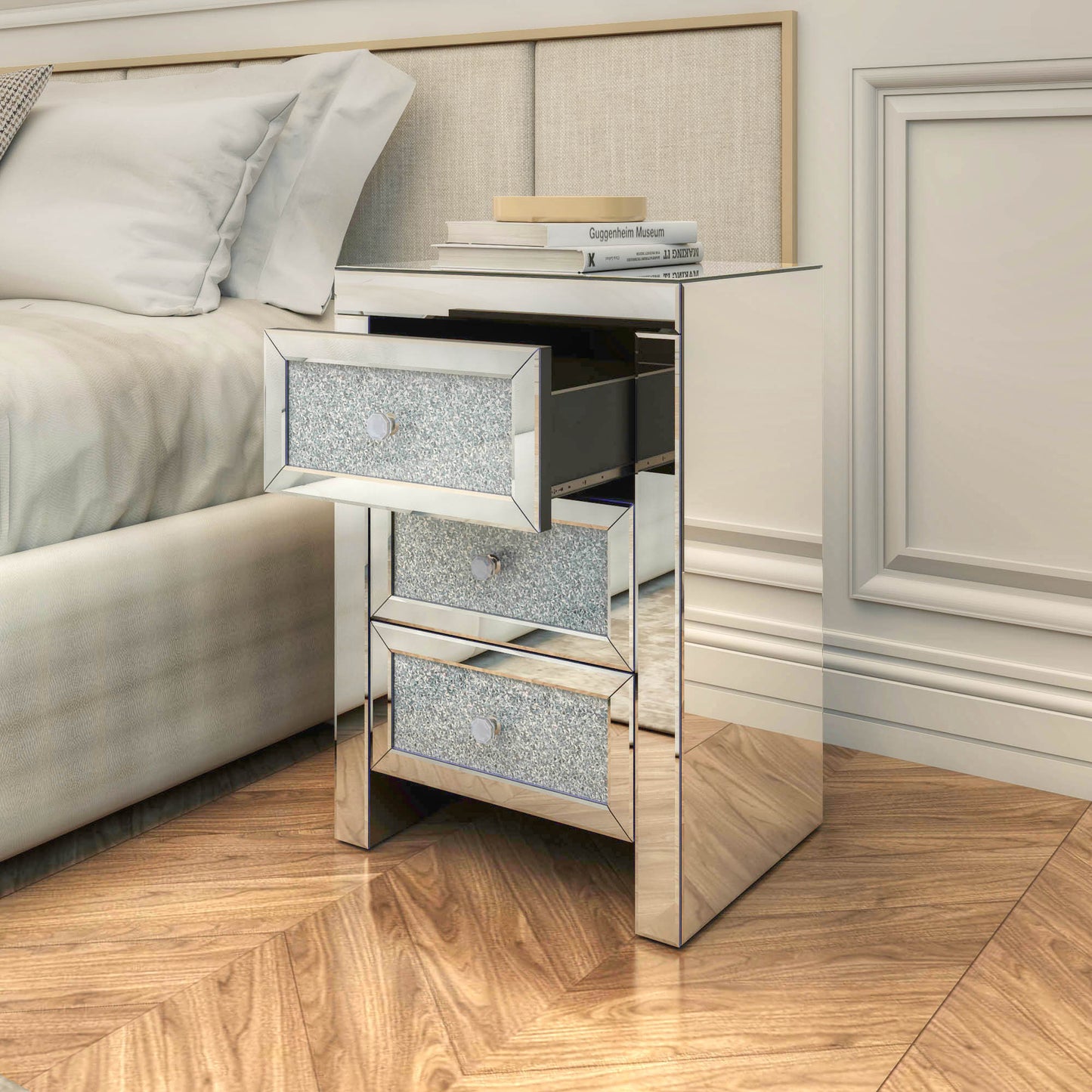 Mirrored Nightstand, Silver Bedside Tables, Mirrored End Table Side Table for Bedroom Living Room