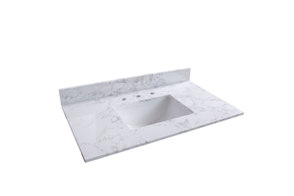 Montary 37inch bathroom vanity top stone carrara white new style tops with rectangle undermount ceramic sink  and back splash with 3 faucet hole  for bathrom cabinet
