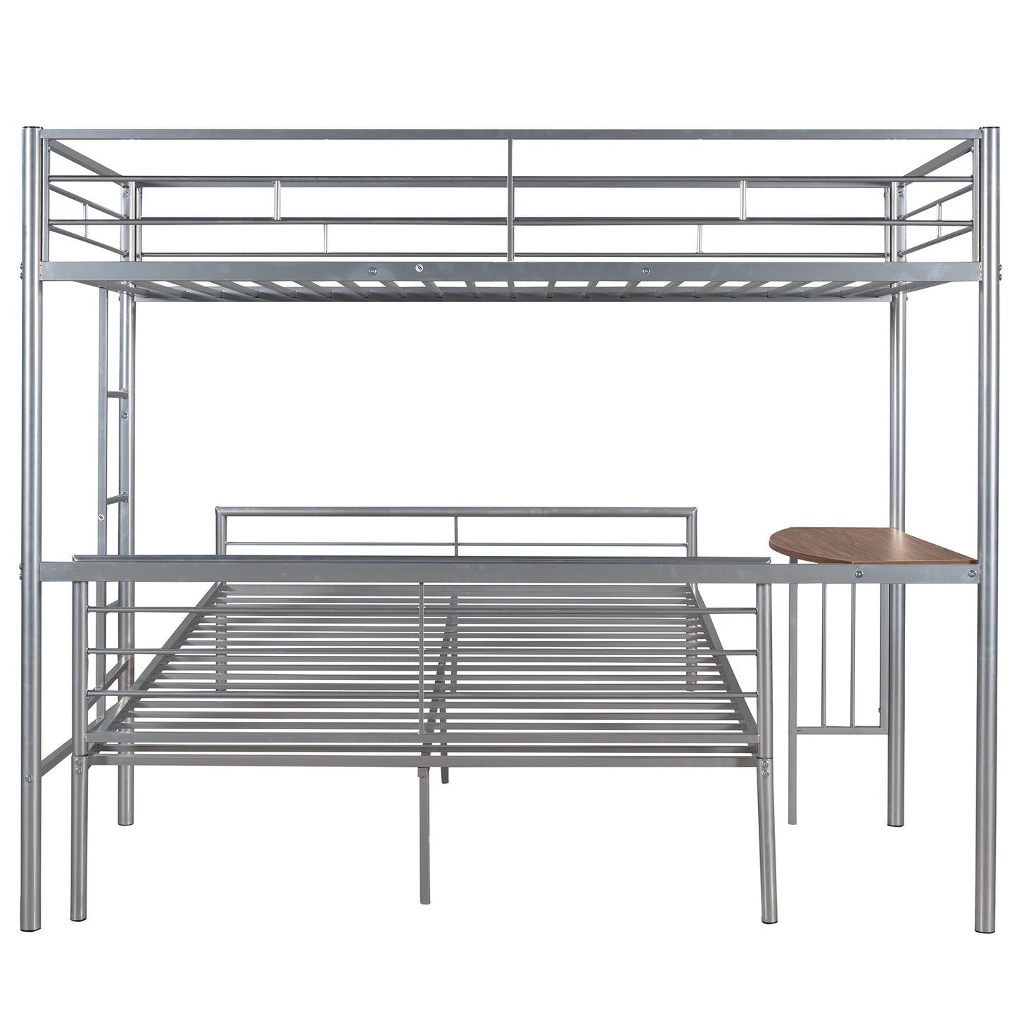 Twin Over Full Metal Bunk Bed with Desk, Ladder and Quality Slats for Bedroom, Metallic Silver（OLD SKU :LP000092AAN）