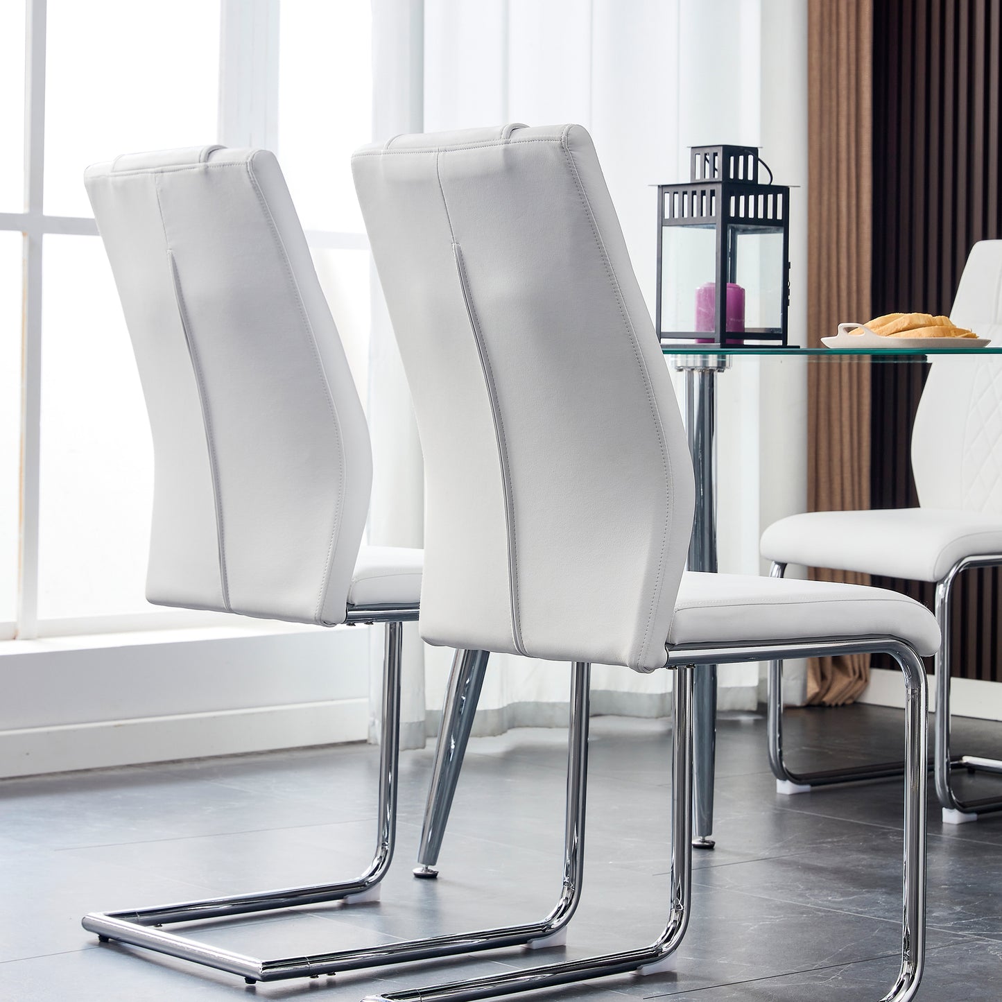 Modern Dining Chairs with Faux Leather Padded Seat Dining Living Room Chairs Upholstered Chair with Metal Legs Design for Kitchen, Living, Bedroom, Dining Room Side Chairs Set of 4 (White+PU Leather)