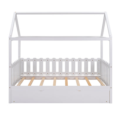 Twin Size House Bed with trundle, Fence-shaped Guardrail, White(New)