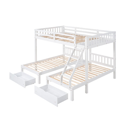 Full Over Twin & Twin Bunk Bed, Wood Triple Bunk Bed with Drawers and Guardrails  (White) （OLD SKU:LP000143AAK）