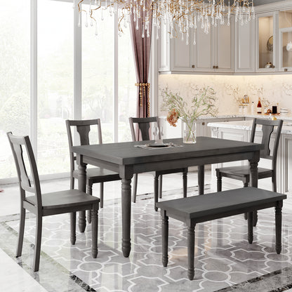 TREXM Classic Dining Set Wooden Table and 4 Chairs with Bench for Kitchen Dining Room, Gray (Set of 6)