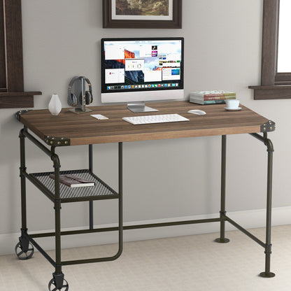 Industrial Metal Writing Desk With Wooden Top, Brown and Black