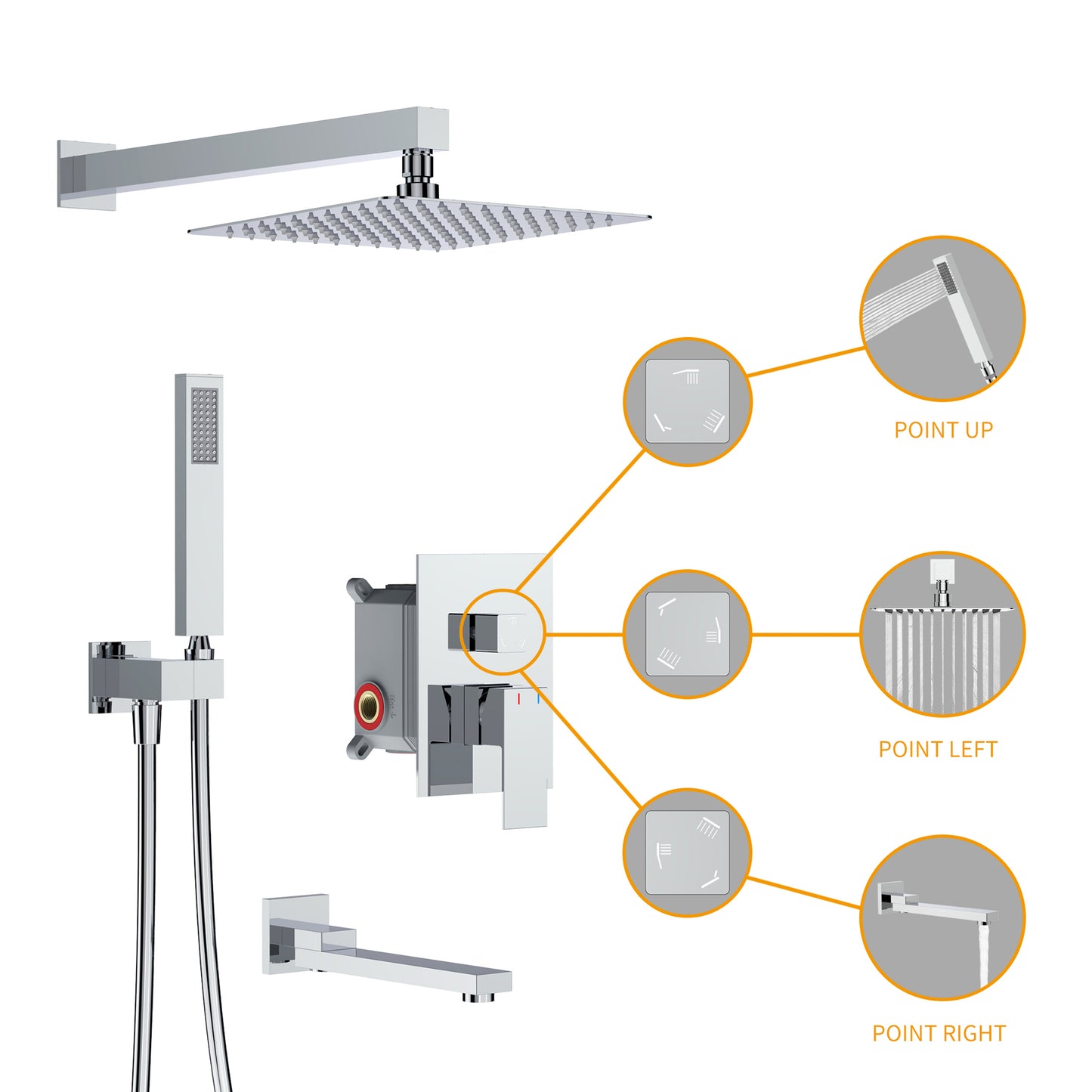 Shower System, Ultra-thin Wall Mounted Shower Faucet Set for Bathroom, Stainless Steel Rain Shower head Handheld Shower Set, 12 inch square large panel, Chrome